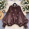 European & American Heavy Rhinestone Lantern Sleeve Satin Top - Women's Autumn Loose Waist Top
