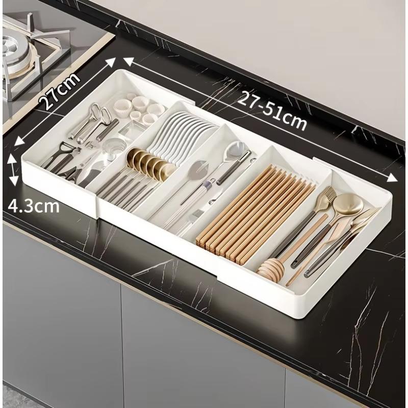 1pc Kitchen Drawer Retractable Storage Box Large-capacity Partitioning Storage Tray Home Tableware Knife Spoon Organizing Box