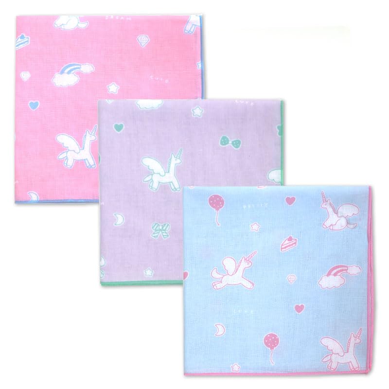 

Unicorn Gauze and Light Set of Made in Iroha Mameo Series Handkerchiefs, Pink, Purple, Blue, 3, Japan, 100% Cotton, 35x35cm,