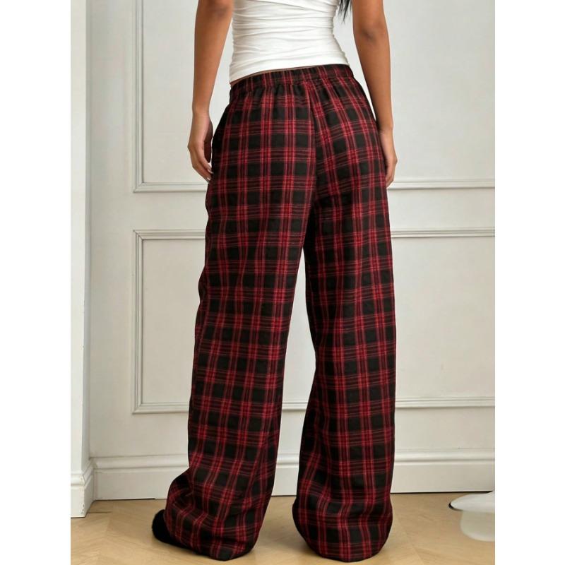 Pantaloni a Quadri da Donna, Vita Alta Coulisse Gamba Larga, Pantaloni Casual Streetwear da Casa