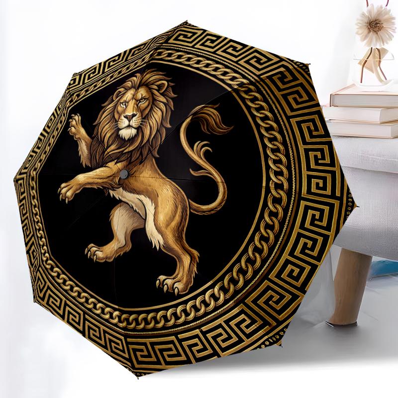 1pc Sturdy 8-Bone Auto Umbrella, Golden Ornate Lion Umbrella, Digital Printed, Foldable Umbrella for On-the-Go Outdoor Use
