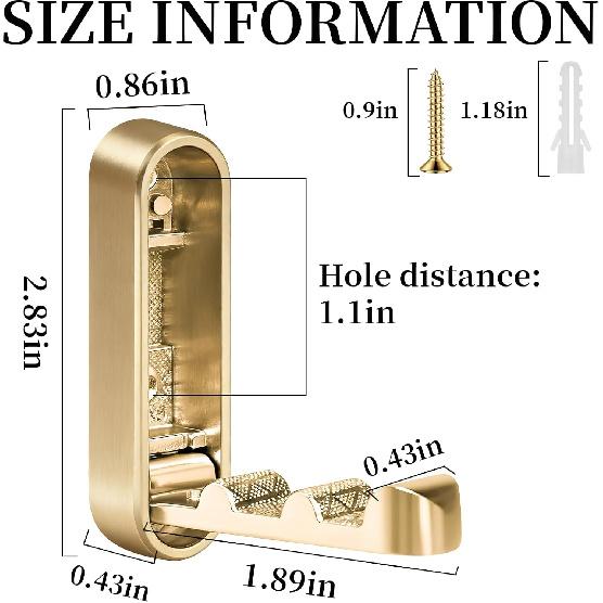 Foldable Hooks, 4-Pack Gold Folding Coat Hooks Heavy-Duty Zinc Alloy Folding Wall Hooks Folding Hooks Wall-Mounted for Hanging Coat Towels Clothes
