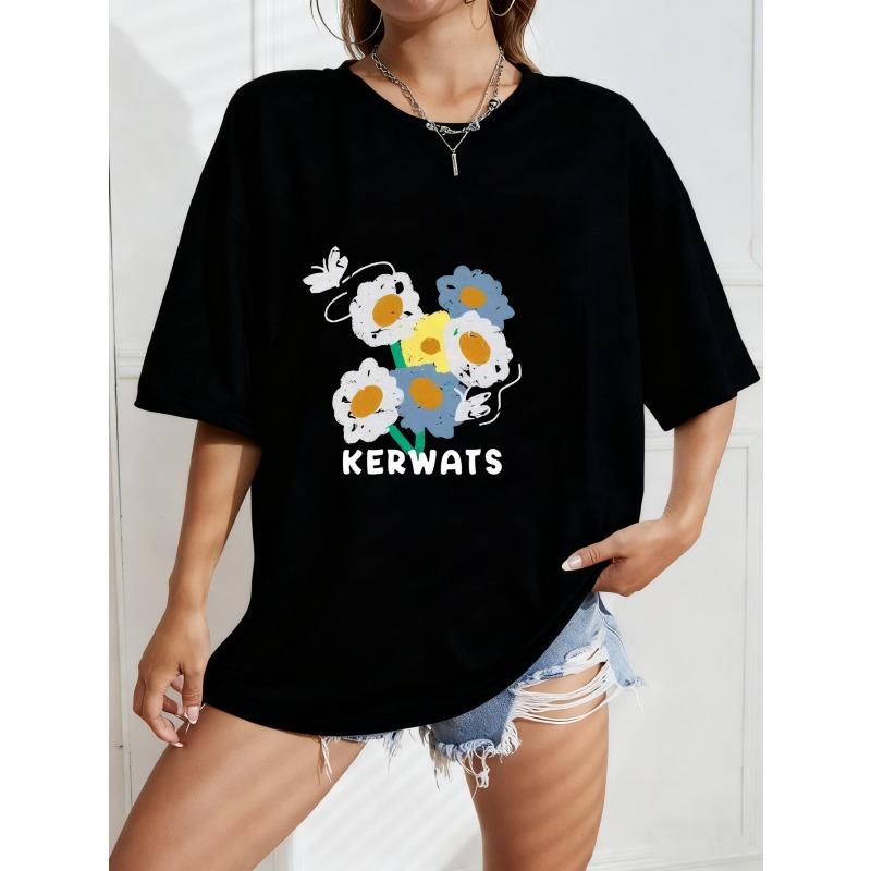 

White Oversized T Shirt With Floral Print And Kerwats Text For Casual Wear XXXXL чёрный