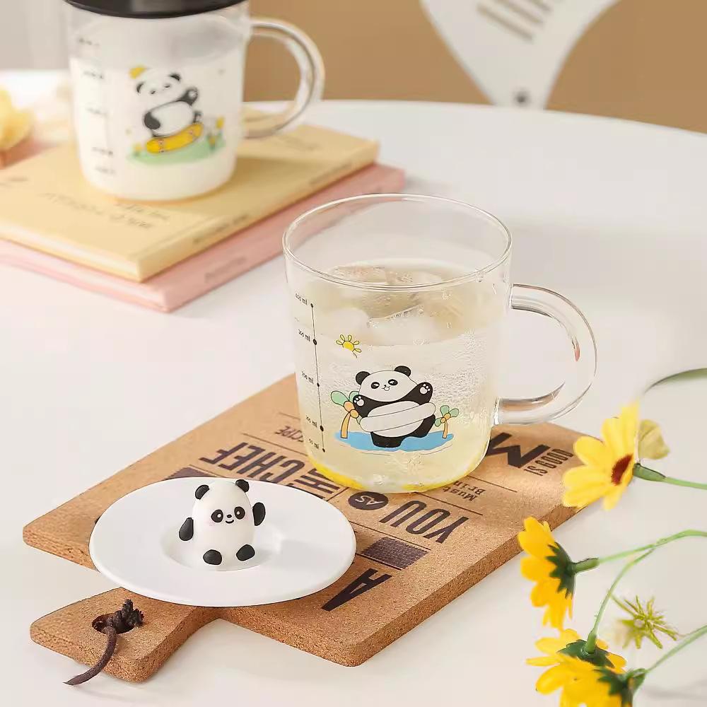 Cute Panda High Borosilicate Glass Cup High Appearance Level Covered Office Drinking Cup  Graduated Milk Cup  Coffee Cup