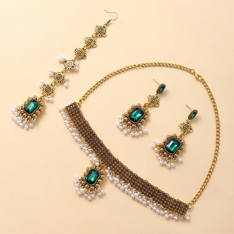

Ретро Этнический Стиль Ожерелье Серьги Цепочка для Волос Комплект Инкрустированные Бриллиантами Жемчужные Кисточки Ювелирные Изделия 1 pair зелёный
