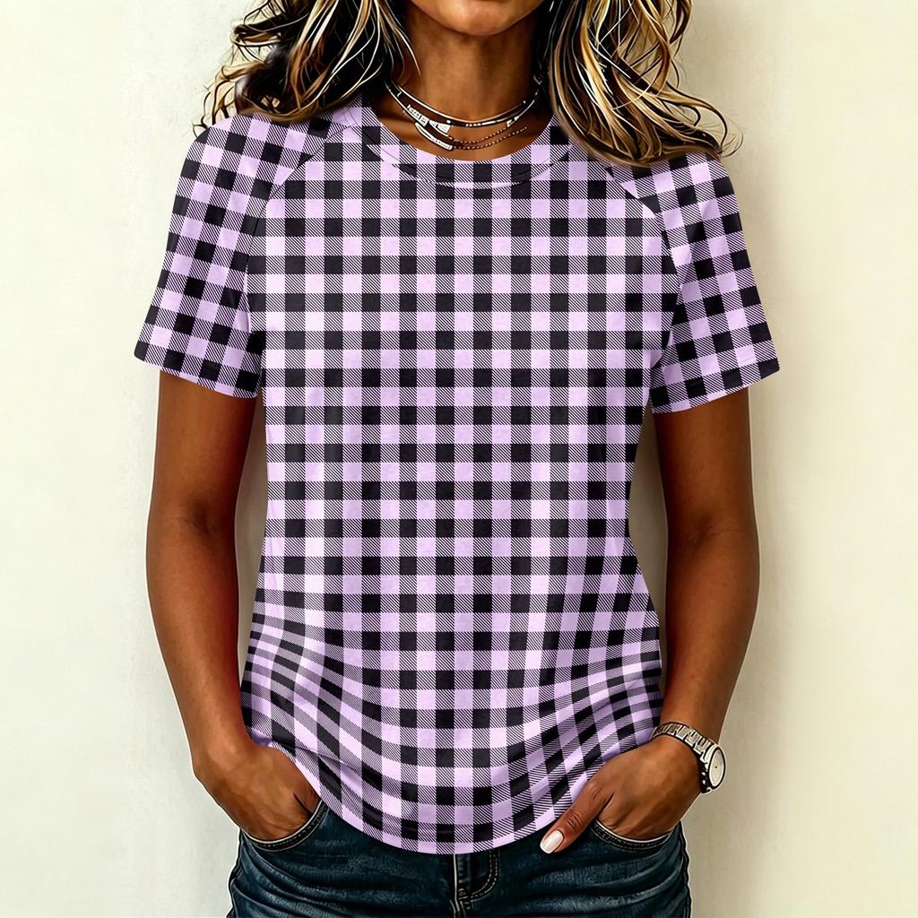Women's Casual Raglan Sleeve Short Sleeve Top Crew Neck Checkered Print Lightweight Soft Fabric Blouse for Everyday Wear