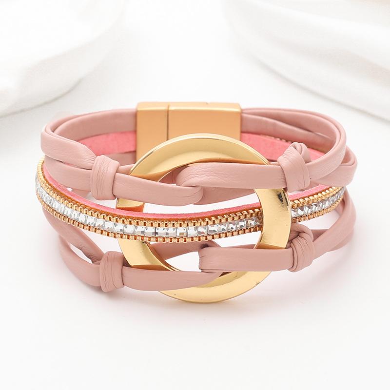 Leather Bracelet for Women Round Hollow Circles Wrap Bangle Female Jewelry Gifts