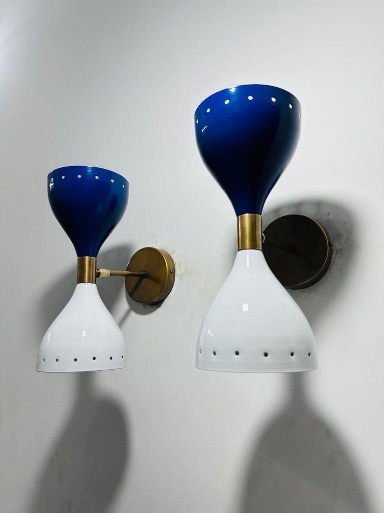 Mid Century Italian Brass Diabolo Wall Sconce Pair - Dark Blue & White