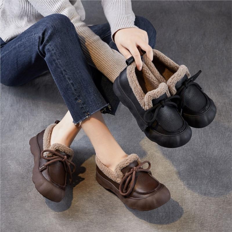 Johnature Plush Warm Loafers Thick Soled Casual Genuine Leather Versatile Round Toe Cotton Shoes