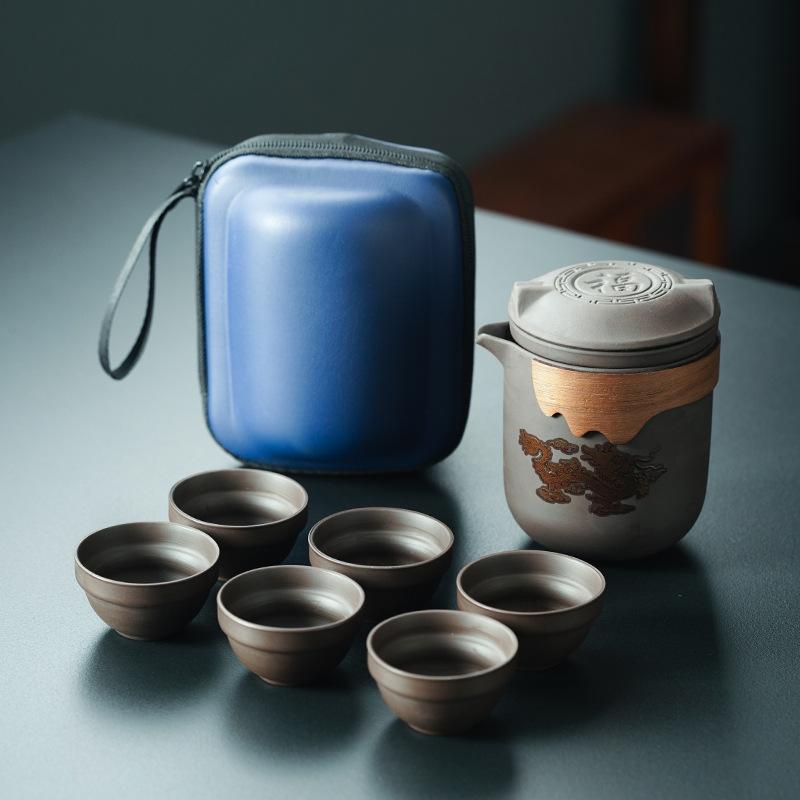 Travel tea set, purple sand express cup, portable outdoor one pot, three cups of ceramic business souvenir