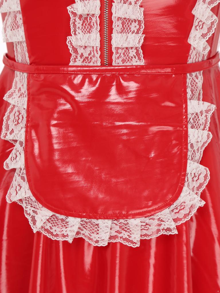 Kadın PVC Deri Dantel Kenarlı Hizmetçi Elbisesi Önlük ile Anime Cosplay Rol Yapma Kostümü