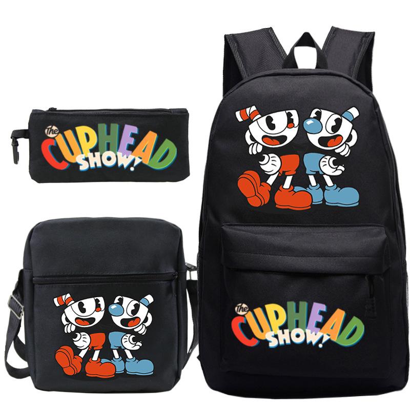 Cartoon Teacup Head Cuphead Student Backpack Oblique Span Bag Pencil Bag Primary And Secondary School Students Children'S Schoolbag Three-Piece Set
