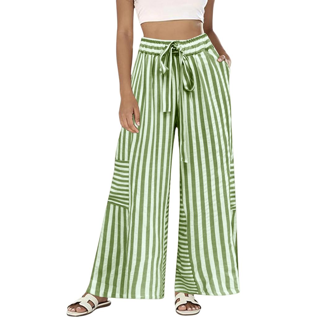 Women's Striped Loose Casual Comfortable High Waist Wide Leg Straight Drawstring Pocket Casual Pants