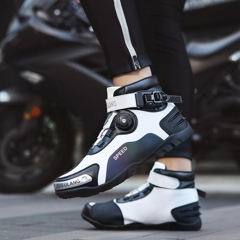 Unisex Leather Motorcycle Boots Large Size Rotation Button Anti Slip Anti Collision Riding Shoes