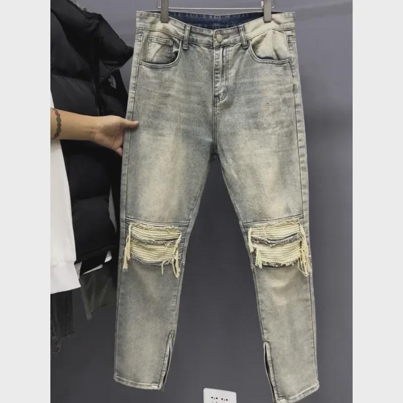 Men's Retro Patchwork Slim Zipper Jeans - Trendy Straight-Leg Style