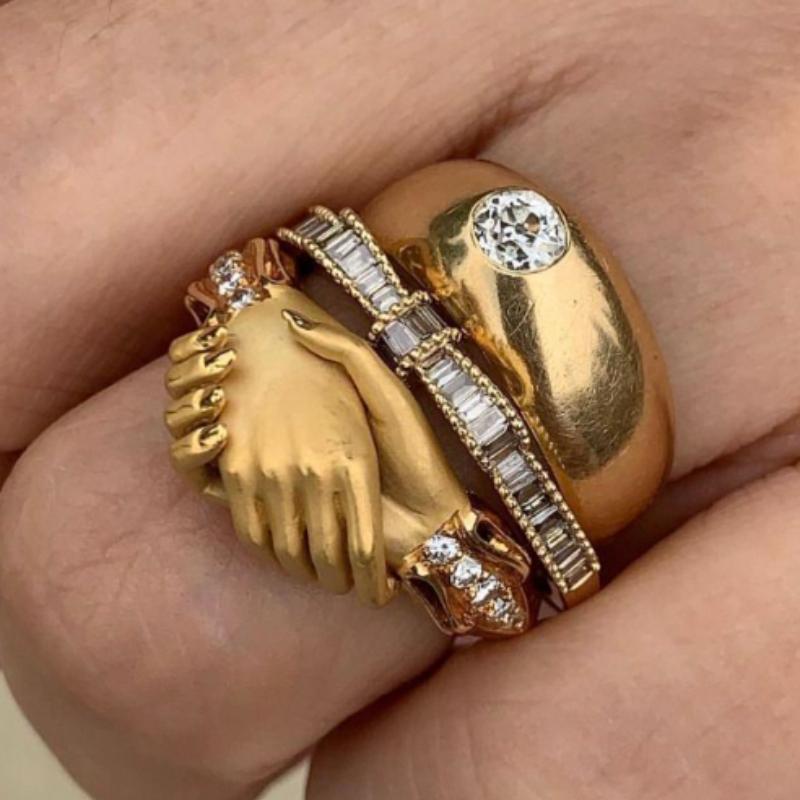 

3 Pieces/set of Personalized Sparkling Inlaid Zircon Handshake Women s Rings, Fashionable and Trendy Holiday Party Zircon Gifts 6