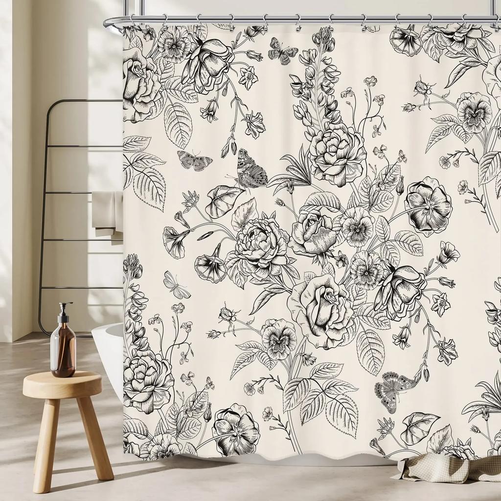 Exquisite Floral and Bird Pattern Print Water-resistant Shower Curtain with Vintage Design for Elegant Bathroom Decor