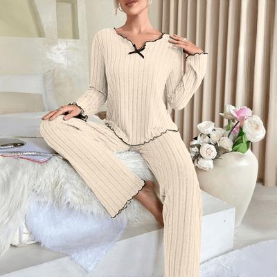 Women’s Simple Fashion Autumn Winter 2 Piece Long Sleeve and Long Pants Pajama Set Casual Loungewear with Black Trim and Ribbed Edges