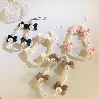 Korean Charm Bow Mobile Phone Chain for Women Girls Telephone Charms Strap Black Acrylic Pearl Beaded Phone Lanyard Key Strap