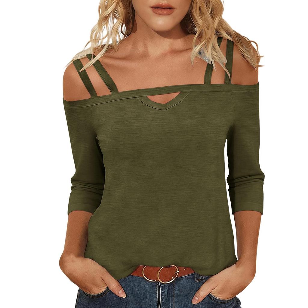 Womens Off Shoulder Top Short Sleeve Cut Out Detail Cross Strap Casual Blouse Summer Lightweight Knit Shirt