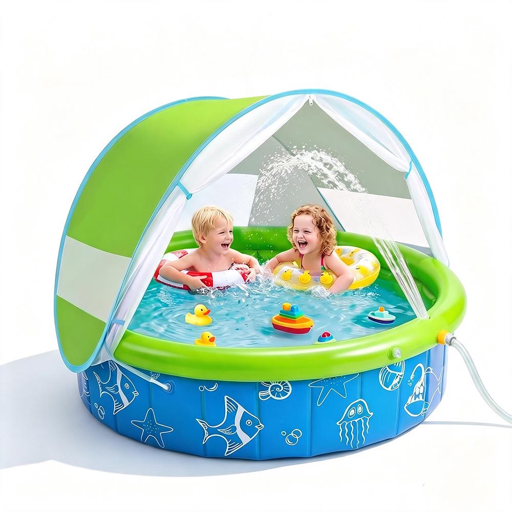 Kids' Foldable UV-Protected Splash Pool with Canopy & Sprinkler