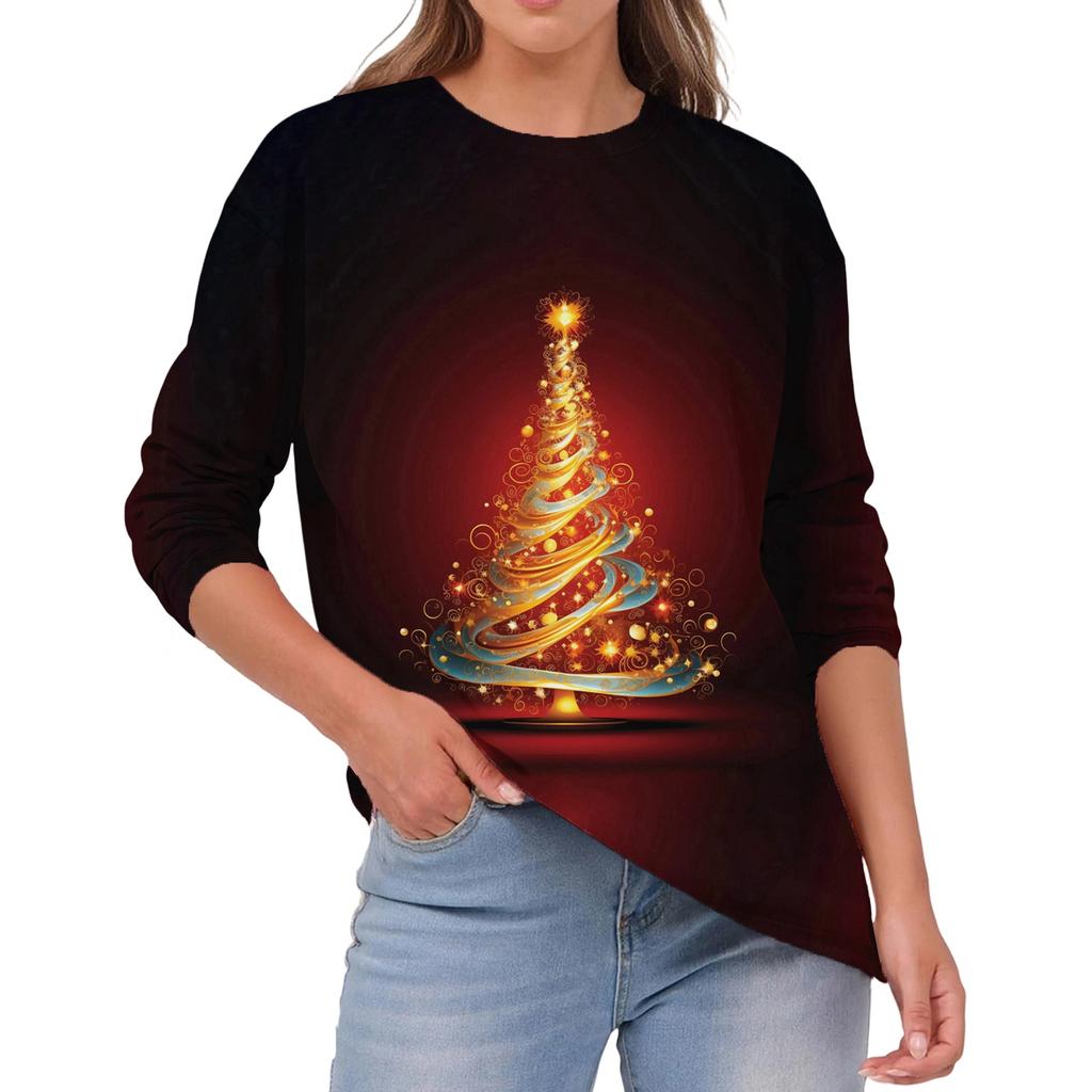 Women's Fashion Casual Christmas Print Round Neck Solid Color Long Sleeve Top