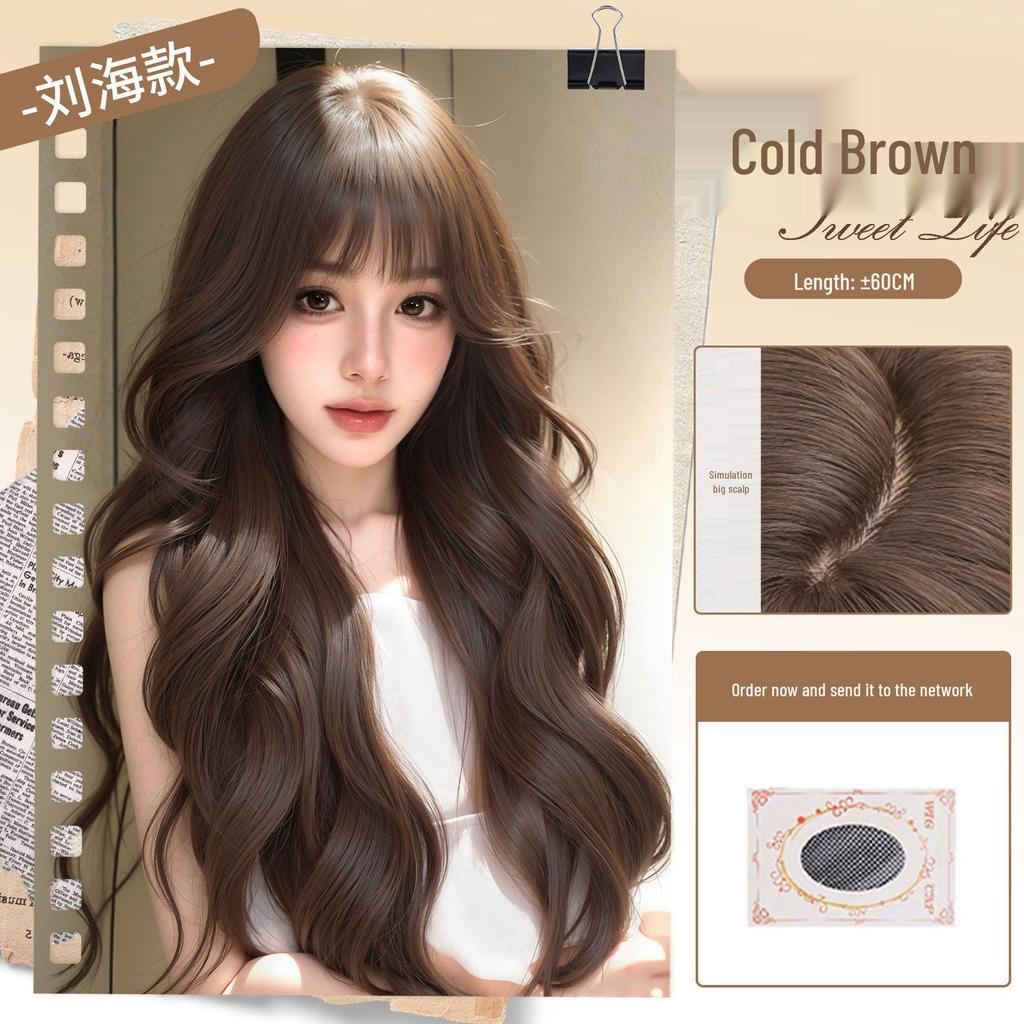 Women's Full Head Wig with Realistic Hair Fibers, Seamless Frontal, Large Scalp Coverage, Bangs, and Large Wave Long Curls