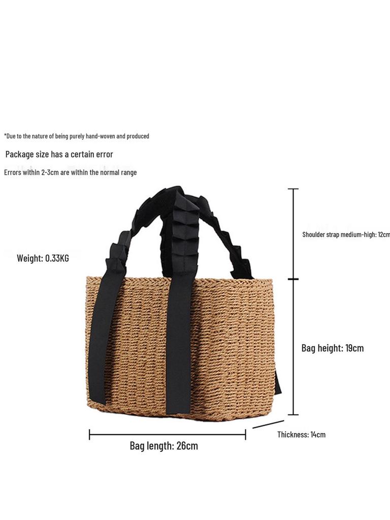 Women's Casual Beach Tote: Solid Color Handheld Paper Rope Bag with Ribbon Handle