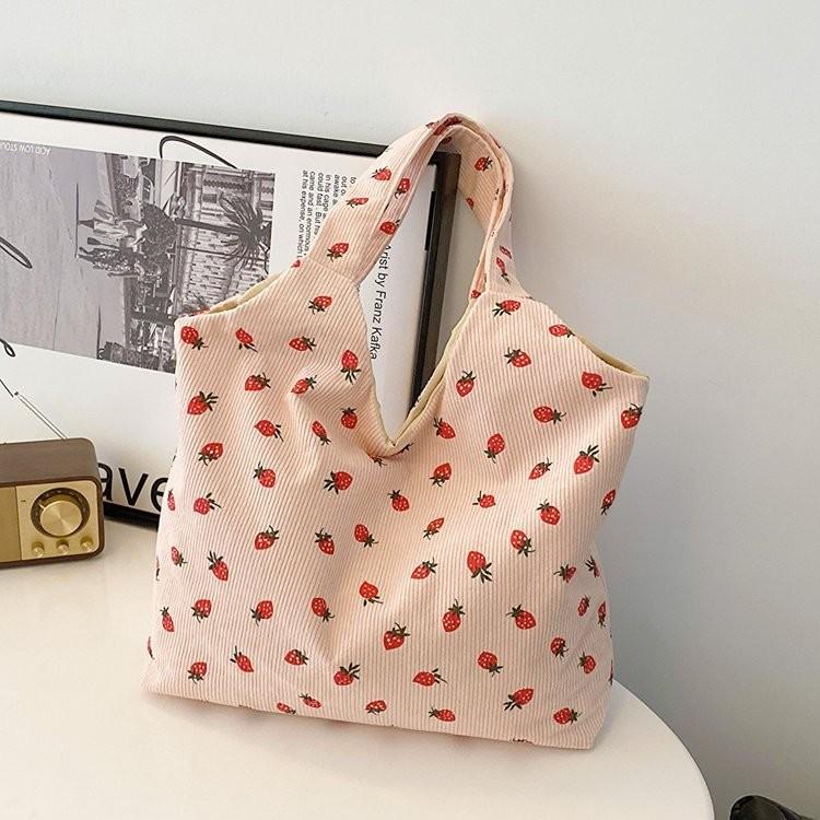 Trendy 2024 Canvas Strawberry Tote Bag Fashionable Soft Shoulder Bag For Women