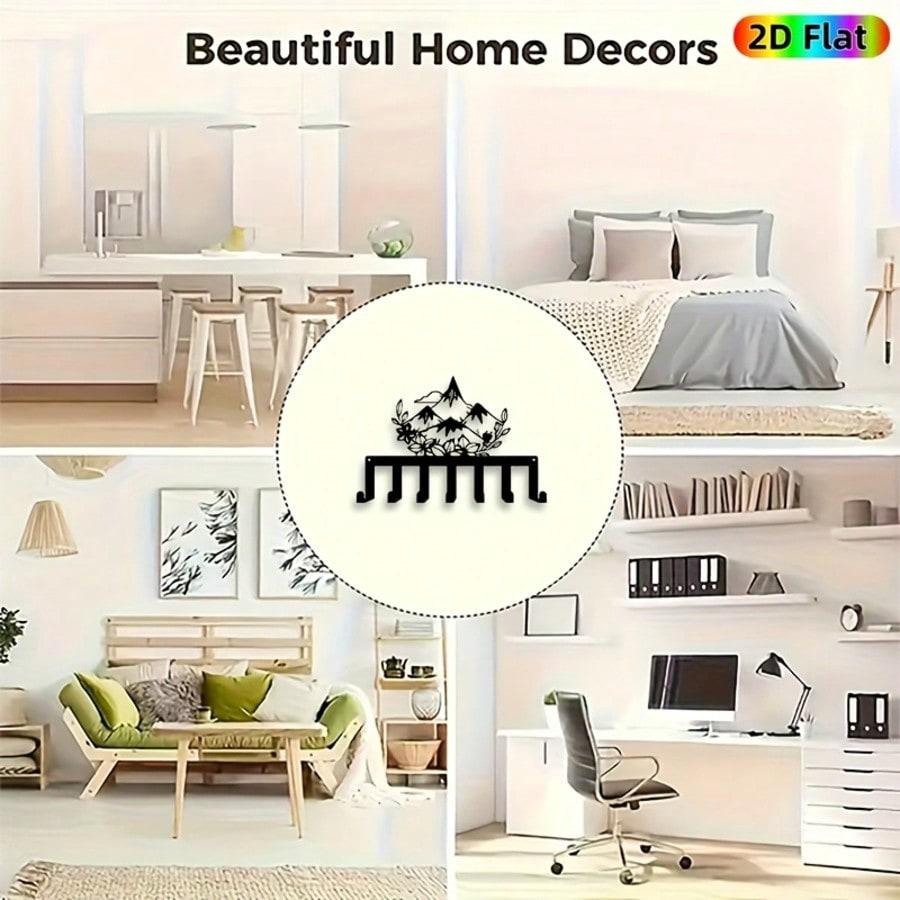 Moderner Schlüsselhalter aus schwarzem Eisen 7 Haken Berg Blumendesign Eingangsskulptur Geschenk