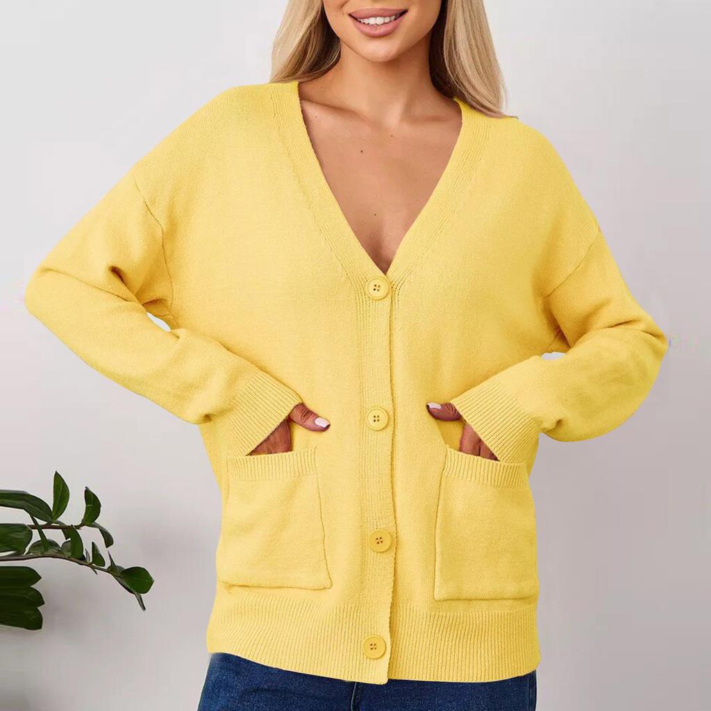 Suéter tipo cárdigan informal de color liso para mujer con bolsillos para abrigo de mujer