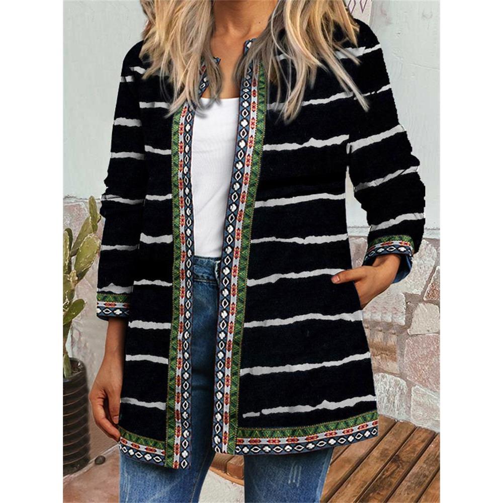 GMXIA Herbst Winter Vintage Ethnischer Stil Druck Übergröße Jacke Strickjacke Damenbekleidung