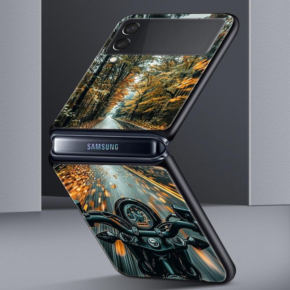 Phone Case for Samsung Galaxy Z Flip 3 4 5 6 7 Folding Black Shell For Samsung Z Flip4 Flip5 PC Hard Cover Cool Motorcycle