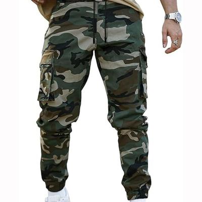 Herren Freizeit Cargo Jogginghose Grau Camouflage Muster Elastischer Bund Kordelzug Mehrere Taschen