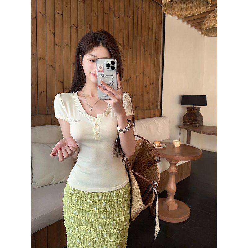 

Кумикуми Французский стиль Нежный комплект Приталенный Похудение Футболка с коротким рукавом Женская одежда Лето С высокой талией Юбка по бедрам Комплект из двух предметов Yellow T-Shirt L