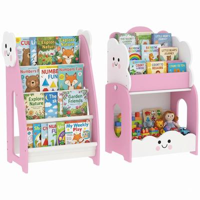 3-in-1 Kids' Shelf with Toy Storage, Modular Bookshelf with 4 Pockets & 3 Levels Plus Nightstand, Pink