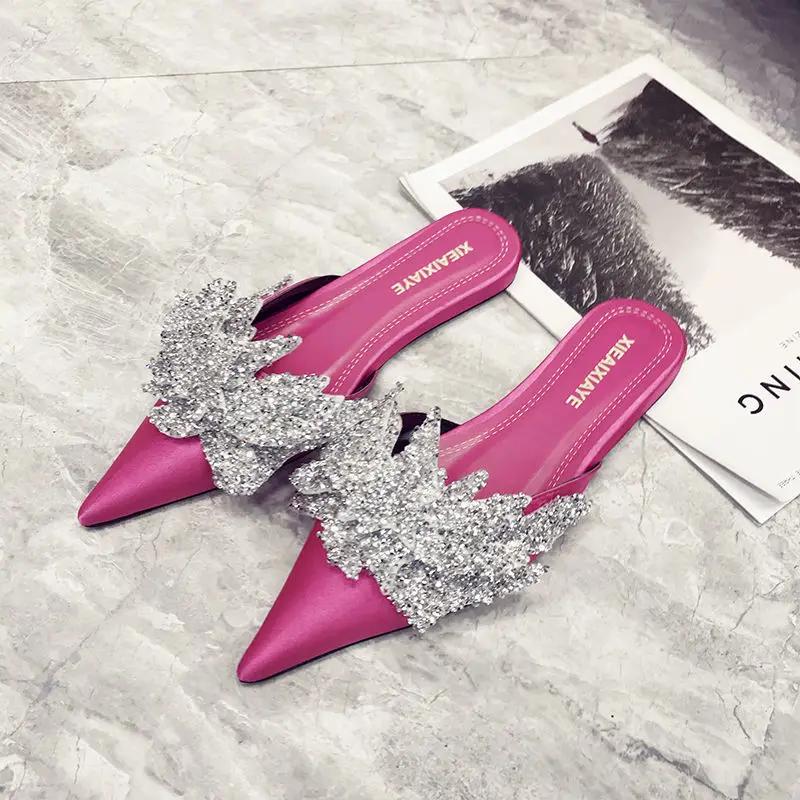 Fashion Sequins Women's Slippers and Ladies Sandals Pointed Toe Shoes Designer Luxury Shoe Wholesale Chic Elegant Low Price Pvc Slides