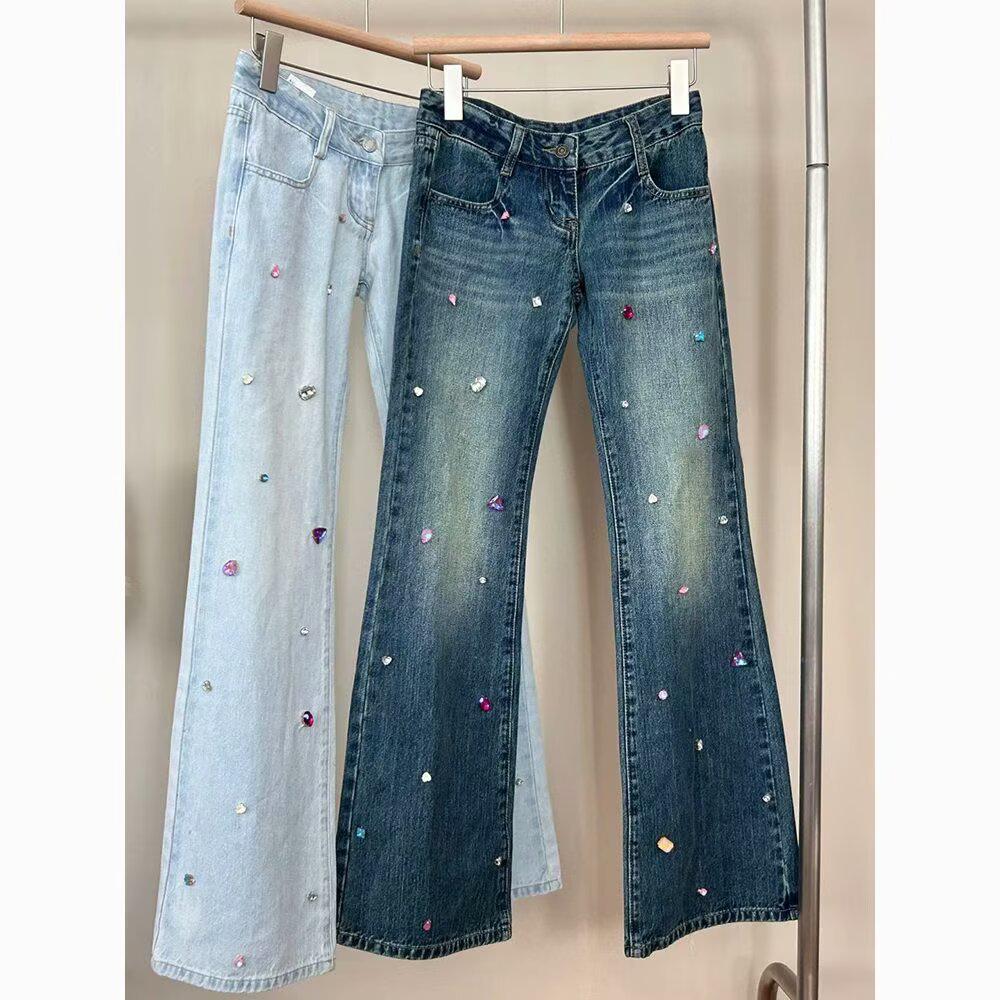 

Американские ретро расклешенные джинсы с низкой посадкой: Летний приталенный крой с бриллиантовой отделкой Extra Large