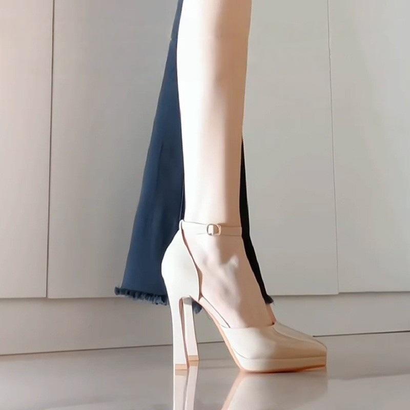 Nude waterproof table high heels female beauty 2025 summer new thick heel pointed sexy temperament word with sandals