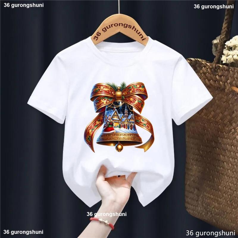 Xmas Gift Kids Clothes Christmas Bell Santa Claus Rides Reindeer Printed T Shirt For Girls/Boys Funny Solid T-Shirt Tops