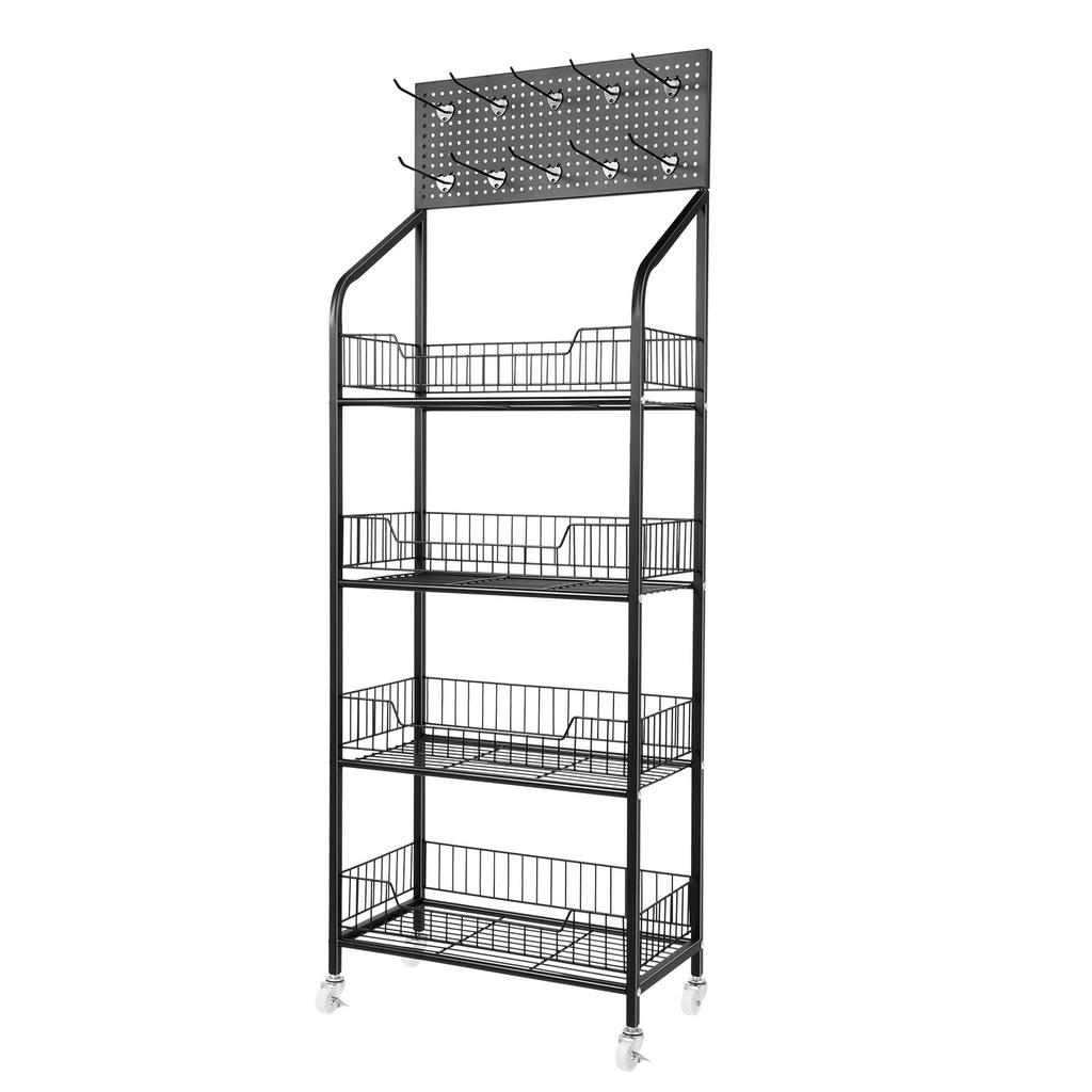 4 Tier Metal Wire Storage Shelf Display Rack with Wheels Black Stand Supermarket Retail Display Rack for Snacks Fruits Tools