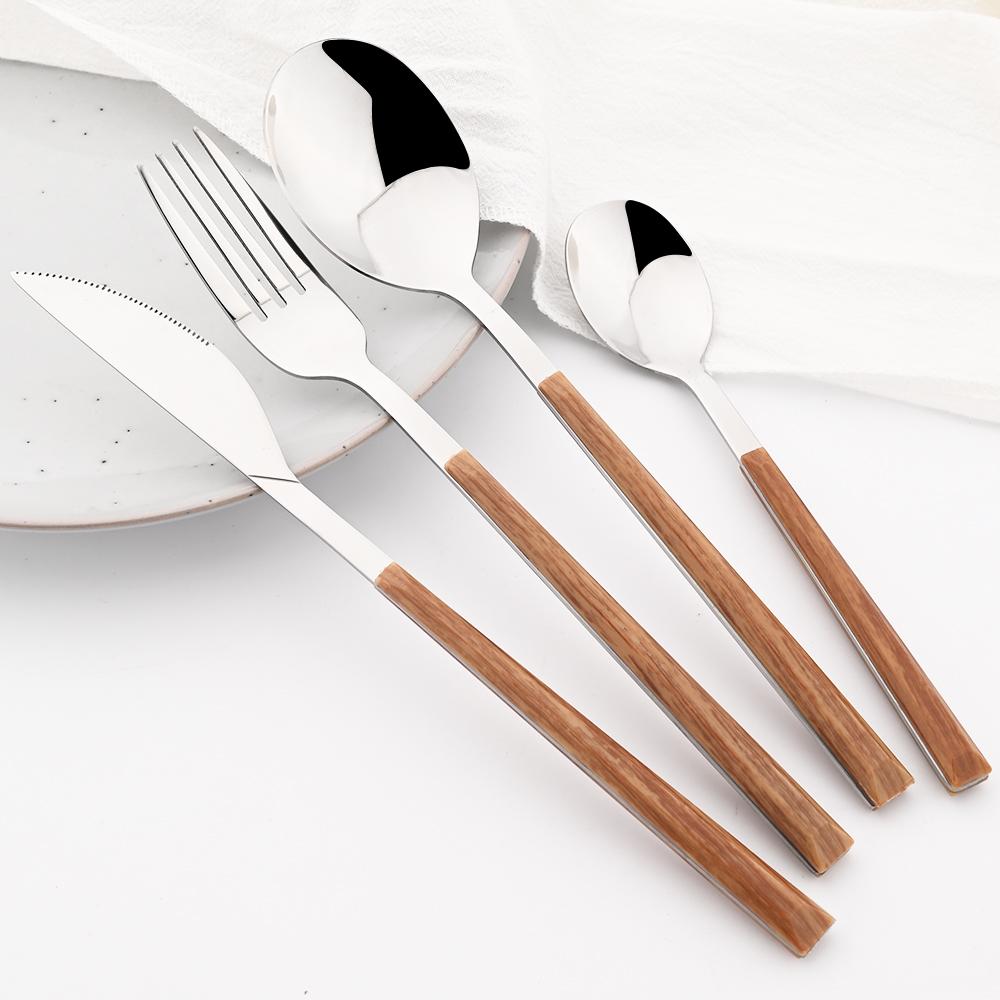 Imitation Wood Handle Cutlery Set Western Stainless Steel Tableware Set 16/24/30Pcs Kitchen Knife Fork Spoon Dinnerware Set