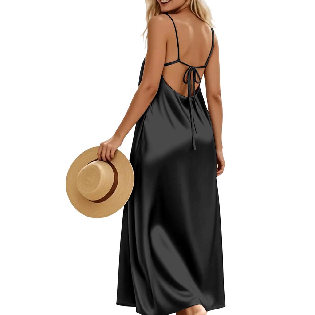 Women Backless Spaghetti Strap Loose Flowy Maxi Slip Dress Lightweight Sleeveless Summer Casual Long Dress for Beach Vacation