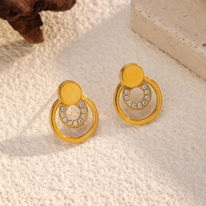 Gold titanium steel diamond-encrusted earrings, European and American light luxury high-end sense circle stainless steel studs, non-fading earrings