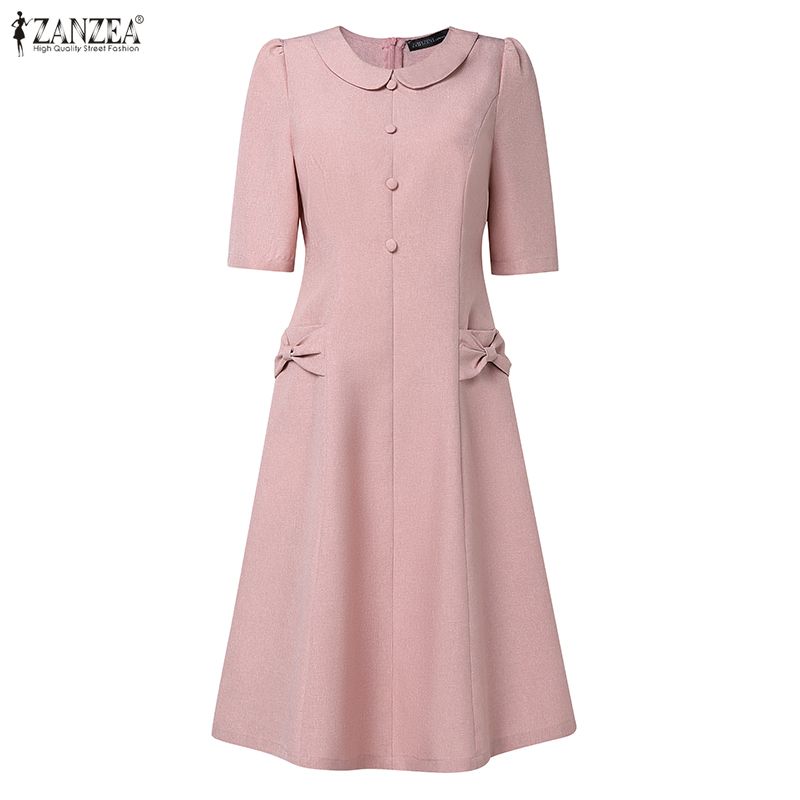 ZANZEA Women Casual Doll Collar Summer Short Sleeve Dress