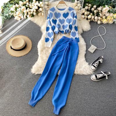 Autumn Winter Women's Tracksuit Knitted Harem Pocket Pant Set+Peach Heart Pearls Beading Sweater Clothes Two Piece Set