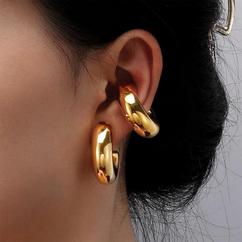 Fashion Thick Round C Shape Chunky Hoop Earrings Women Glossy Circle Gold  Color Steel Needle Stud Huggie Earrings Jewelry
