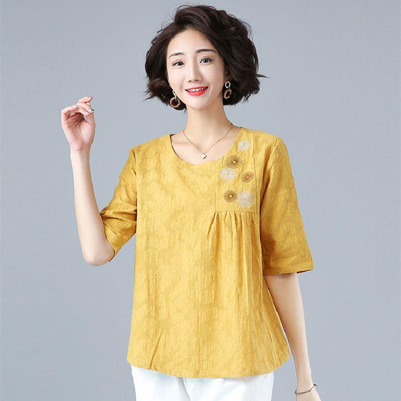 Konstbroderad Blomma Bomull Linne T-shirt för Kvinnor På Sommaren Kortärmad Baby T-shirt Lös Smalande Topp