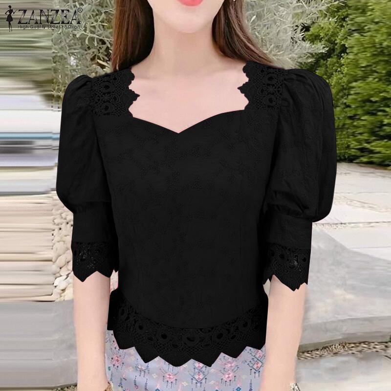 ZANZEA Women Casual Lace Crochet Patchwork Summer 3/4 Sleeve Blouse