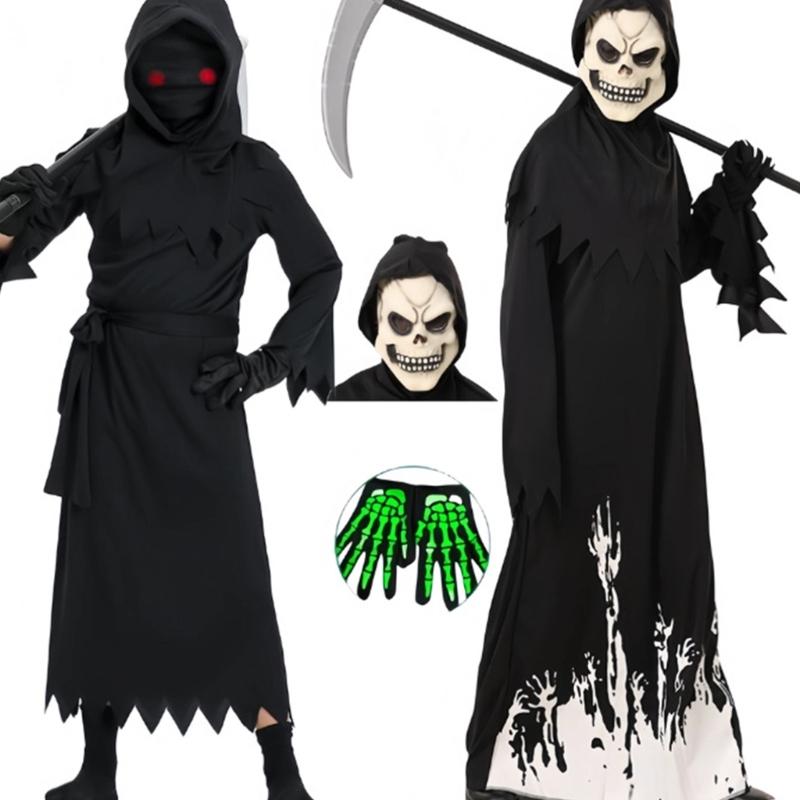 Costume da Morte di Halloween per Bambino Ragazzo Ragazza, Include Veste, Falce, Maschera, Guanto